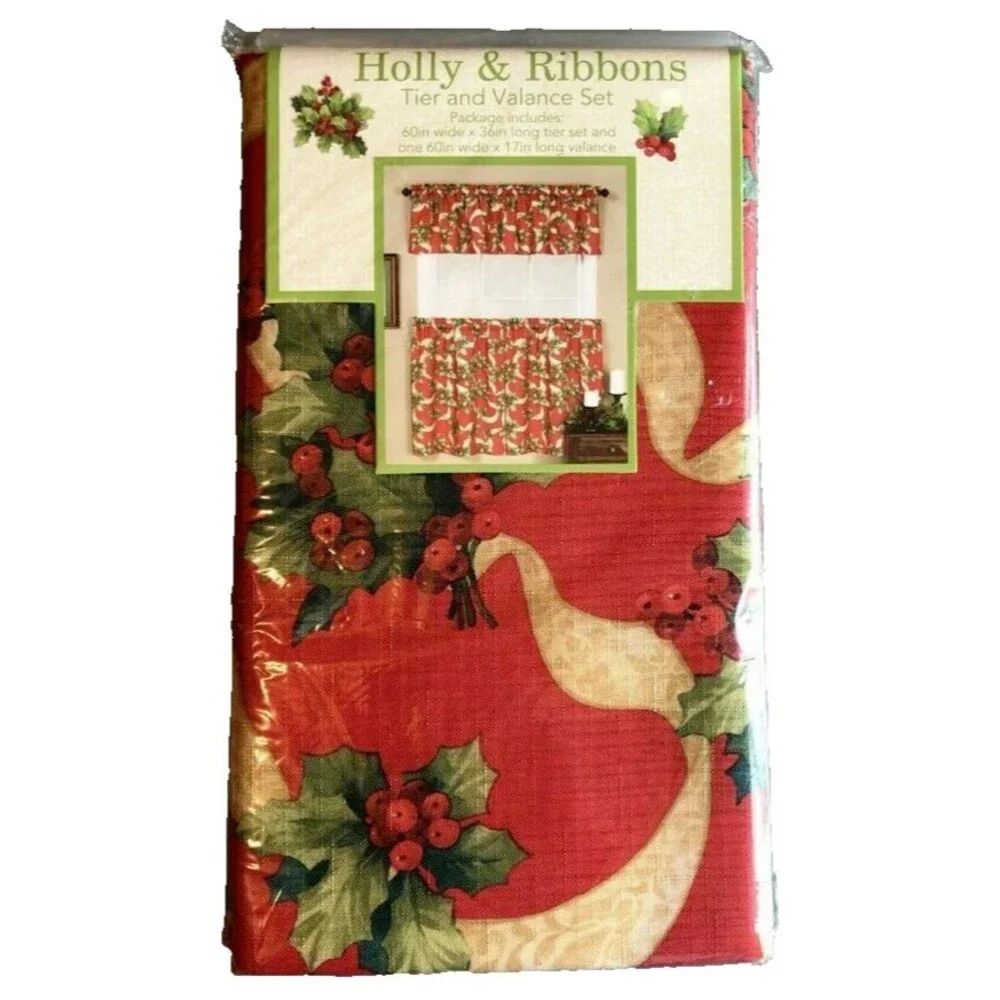 Christmas Holly Ribbons Curtains and Valance Printed Red Holiday 3 Piece Set